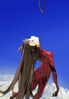 Rule 34 | 1girl, blue eyes, bodysuit, breasts, chinese commentary, cloud, hair between eyes, highres, huimuuu, interface headset (evangelion), long hair, mecha pilot suit, medium breasts, neon genesis evangelion, noose, orange hair, plugsuit (evangelion), red bodysuit, signature, sky, solo, souryuu asuka langley, two side up