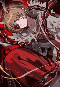 Rule 34 | 1boy, blonde hair, blood, blood in hair, closed mouth, commentary, dutch angle, expressionless, flower, flower over eye, fur-trimmed robe, fur trim, highres, horns, limbus company, looking at viewer, male focus, parted bangs, project moon, red background, red flower, red robe, robe, sash, sinclair (project moon), sitting, solo, symbol-only commentary, tsurime, white horns, white robe, white sash, xxxxx20090503, yellow eyes