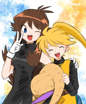 Rule 34 | 2girls, ;d, arm around shoulder, black dress, black shirt, blue eyes, brown hair, commentary request, dress, facing viewer, gloves, green (pokemon), hat, highres, holding, holding unworn clothes, holding unworn hat, hsym 2323, long hair, long sleeves, looking at viewer, multiple girls, nintendo, one eye closed, open mouth, pokemon, pokemon adventures, ponytail, shirt, simple background, sleeveless, sleeveless dress, smile, teeth, tunic, twitter username, unworn hat, unworn headwear, upper teeth only, v, white gloves, yellow (pokemon), yellow tunic