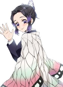 1girl absurdres black_hair black_jacket breasts butterfly_hair_ornament commentary_request demon_slayer_uniform gradient_hair hair_ornament haori highres jacket japanese_clothes kimetsu_no_yaiba kochou_shinobu long_sleeves looking_at_viewer multicolored_hair parted_bangs purple_eyes purple_hair short_hair smile solo ukinarika white_background
