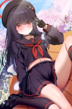 1girl absurdres aoto_mei arm_support bench beret black_choker black_gloves black_hair black_hat black_sailor_collar black_serafuku black_shirt black_skirt blue_archive blue_sky blush cherry_blossoms choker closed_mouth commentary_request cropped_shirt day falling_petals gloves hair_intakes hair_over_eyes halo hat highres justice_task_force_member_(blue_archive) light_rays loli long_hair long_sleeves looking_at_viewer midriff miniskirt navel neckerchief on_bench outdoors park_bench petals pink_petals pleated_skirt red_eyes red_halo red_neckerchief sailor_collar school_uniform serafuku shirt skirt sky smile solo sweat thighs v
