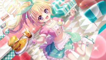 1girl alternate_hairstyle back_bow blonde_hair blush bow bow_hairband breasts burger buttons chair checkered_floor cleavage crop_top cross-laced_footwear cup detached_collar diner dot_nose drinking_glass drinking_straw dutch_angle film_grain food french_fries fried_egg frilled_skirt frills game_cg green_bow green_hairband green_skirt groin hair_up hairband hand_up hasegawa_mii high_ponytail holding holding_tray ice ice_cube indoors izumi_tsubasu lens_flare looking_at_viewer medium_hair midriff name_tag navel non-web_source official_art open_mouth pink_shirt pink_wrist_cuffs plate ponytail purple_eyes re:stage! restaurant roller_skates shirt short_sleeves skates skirt small_breasts smile soda solo sparkle sparkling_eyes standing standing_on_one_leg table tile_floor tiles tray waitress white_bow white_footwear wrist_cuffs