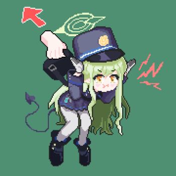 1girl 1other arrow_(symbol) backpack bag black_footwear black_tail blue_archive blue_hat blue_shirt blush buttons demon_tail disembodied_hand emblem gloves green_background green_halo halo hands_on_own_head hat hikari_(blue_archive) jokun long_sleeves pantyhose peaked_cap pixel_art pout shirt shoes shout_lines sidelocks simple_background solo_focus tail unhappy v-shaped_eyebrows white_gloves white_pantyhose yellow_eyes