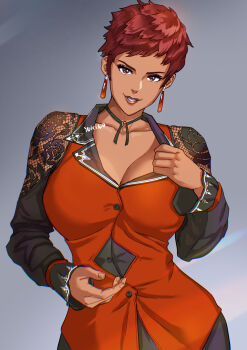 1girl artist_name breasts brown_eyes brown_hair cleavage clothes_pull curvy dark-skinned_female dark_skin dress formal_clothes highres huge_breasts large_breasts looking_at_viewer pulling_own_clothes see-through_clothes short_hair smile snk solo suit tan teasing the_king_of_fighters the_king_of_fighters_xv thick_thighs thighs top_pull vice_(kof) wide_hips yukinoshin_f