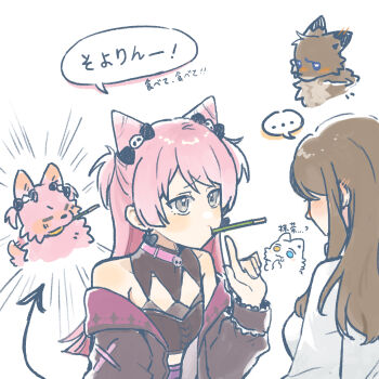 2girls animalization bang_dream! bang_dream!_it&#039;s_mygo!!!!! black_jacket blush brown_hair cat chihaya_anon commentary cone_hair_bun dog ear_blush earrings english_commentary grey_eyes hair_bun heart heart_earrings highres imminent_pocky_kiss jacket jewelry kaname_raana long_hair mouth_hold multiple_girls nagasaki_soyo pink_hair pout raana_the_cat rikuuu_0214 sanrio sidelocks simple_background tail translation_request white_background yuri