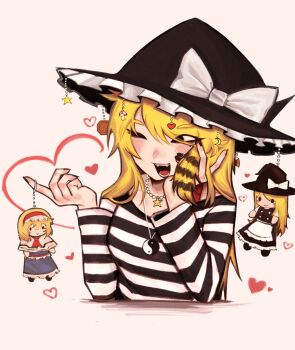 Rule 34 | 1girl, absurdres, alice margatroid, alternate costume, black hat, bow, hand in own hair, hat, hat bow, heart, highres, jewelry, kirisame marisa, long sleeves, one eye closed, open mouth, orb, pendant, shirt, simple background, star (symbol), striped clothes, striped shirt, touhou, vanima viii, white background, white bow, witch hat, yin yang, yin yang orb