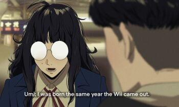 1boy 1girl ahoge black_hair blurry blurry_background blurry_foreground collared_shirt english_text francisco_mon glasses highres jacket long_hair messy_hair mole mole_on_cheek neck_ribbon opaque_glasses open_clothes open_jacket open_mouth original ribbon round_eyewear school_uniform shirt umi_(francisco_mon) undercut