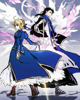 1boy 1girl absurdres ahoge antatica11 artoria_pendragon_(fate) bankai black_hair black_hakama black_kimono bleach blonde_hair blue_dress blue_haori blue_ribbon boots braid braided_bun brown_boots chinese_commentary closed_mouth commentary_request corrupted_twitter_file crossover dress fate/stay_night fate_(series) fighting_stance floating_hair frilled_sleeves frills from_side full_body green_eyes hair_bun hair_ribbon hakama hand_up haori highres holding holding_sword holding_weapon japanese_clothes juliet_sleeves katana kimono kuchiki_byakuya long_hair long_sleeves looking_at_viewer nose profile puffy_sleeves ribbon saber_(fate) senbonzakura_kageyoshi_(bankai) serious sideways_glance single_hair_bun standing sword tabi taichou_haori tsurime v-shaped_eyebrows weapon wide_sleeves