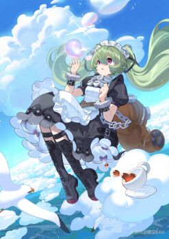 1girl absurdres air_bubble artist_name bird black_boots blue_sky boots bubble cloud corin_wickes cup floating_hair full_body grayfair green_hair hair_between_eyes highres long_hair looking_ahead maid maid_headdress open_mouth outdoors purple_eyes short_sleeves sidelocks sky solo tea teacup twintails white_bird zenless_zone_zero
