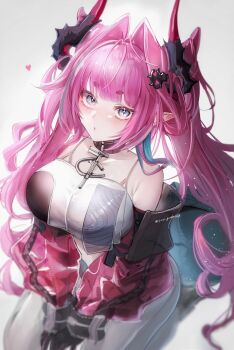 1girl arknights arknights:_endfield black_gloves blue_eyes blue_hair blush breasts detached_sleeves dragon_girl dragon_horns dragon_tail gloves hair_ornament hairclip hashtag-only_commentary heart highres horns large_breasts looking_at_viewer pants pointy_ears sow_graden429 tail white_pants yvonne_(arknights)