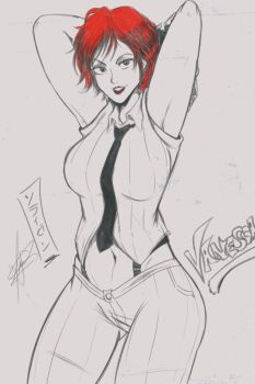 1girl breasts curvy female_focus formal_clothes huge_breasts large_breasts looking_at_viewer pants red_hair shirt short_hair smile soraizenarts the_king_of_fighters thick_thighs thighs vanessa_(kof) white_shirt wide_hips