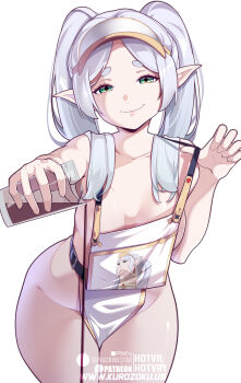 1girl alternate_costume apron barista breasts cleavage closed_mouth collarbone commentary cup elf english_commentary frieren green_eyes grey_hair highres holding holding_cup hot_vr long_hair looking_at_viewer medium_breasts meme naked_apron patreon_username pointy_ears simple_background smile solo sousou_no_frieren subscribestar_username thighs twintails upward_angle_frieren_drawing_(meme) visor_cap white_apron white_background