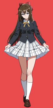 1girl black_jacket blue_eyes bow brown_hair collared_shirt commentary_request full_body hair_between_eyes hair_bow jacket kneehighs loafers long_hair long_sleeves looking_at_viewer love_live! love_live!_nijigasaki_high_school_idol_club neck_ribbon nijigasaki_school_uniform osaka_shizuku plaid_clothes plaid_skirt pleated_skirt red_background red_bow ribbon school_uniform shirt shoes sidelocks simple_background skirt skirt_hold smile socks solo white_skirt white_socks winter_uniform yellow_ribbon zaofeng