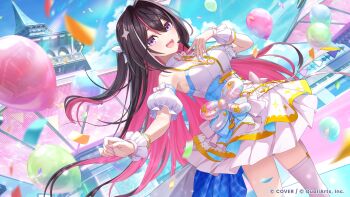 Rule 34 | 1girl, :d, absurdres, azki (hololive), balloon, black hair, blue corset, blue sky, bow, braid, cloud, colored inner hair, commentary request, concert, confetti, copyright name, corset, day, detached collar, detached sleeves, double-parted bangs, dress, garter straps, hair intakes, hair ornament, hairclip, half up half down braid, hand up, headset, highres, hololive, hololive dreams, layered dress, long hair, looking at viewer, mole, mole under eye, multicolored hair, official alternate costume, official art, open mouth, outdoors, pink hair, pink streaks, ponytail, puffy detached sleeves, puffy short sleeves, puffy sleeves, purple eyes, short dress, short ponytail, short sleeves, sidelocks, single garter strap, single thighhigh, sky, sleeveless, sleeveless dress, smile, solo, star (symbol), star hair ornament, teeth, thighhighs, upper teeth only, very long hair, virtual youtuber, white dress, white streaks, wrist cuffs