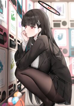 1girl absurdres arm_rest bag black_hair black_halo black_pantyhose blue_archive blurry breasts bright_pupils capsule commentary_request depth_of_field from_side gashapon hair_ornament hairclip hairpin halo high_heels highres large_breasts lillly long_hair pantyhose red_eyes rio_(blue_archive) solo squatting sweater thighband_pantyhose turtleneck turtleneck_sweater vending_machine white_pupils white_sweater