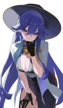 1girl absurdres black_dress black_gloves black_hat breasts chinese_commentary closed_mouth commentary_request cowboy_shot dress gloves hair_between_eyes hand_up hat highres jacket large_breasts leaning_forward looking_at_viewer lucilla_(wuthering_waves) partial_commentary purple_eyes purple_hair simple_background smile solo white_background white_jacket wuthering_waves xuegao_ice
