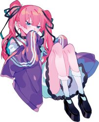 Rule 34 | 1girl, black choker, black footwear, black ribbon, blue eyes, blunt bangs, borrowed character, choker, collar, collared dress, commentary request, covering own mouth, crying, crying with eyes open, dress, frilled collar, frilled dress, frilled socks, frills, hair ribbon, highres, himanemuitoma, jacket, knees up, long hair, long sleeves, michiko ame, official art, original, pink hair, purple jacket, rainy girl (vocaloid), ribbon, sad, sitting, sleeves past fingers, sleeves past wrists, socks, solo, tears, transparent background, twintails, vocaloid, white dress, white socks