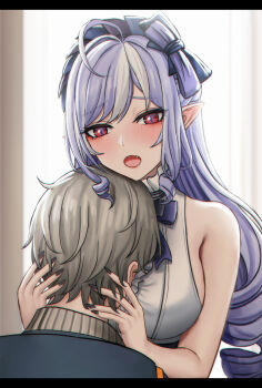 Rule 34 | 1boy, 1girl, absurdres, ahoge, bare arms, bare shoulders, black nails, blush, breasts, commentary request, grey hair, highres, large breasts, long hair, multicolored hair, open mouth, pointy ears, purple hair, red eyes, selcky, streaked hair, upper body, vivian banshee, white hair, wise (zenless zone zero), zenless zone zero