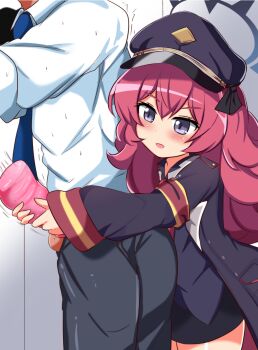 1boy 1girl armband artificial_vagina assertive_female blue_archive blush cap erection formal_clothes from_behind handjob head_out_of_frame height_difference hetero highres iroha_(blue_archive) military military_uniform necktie penis purple_eyes red_hair sex_toy shirt smile