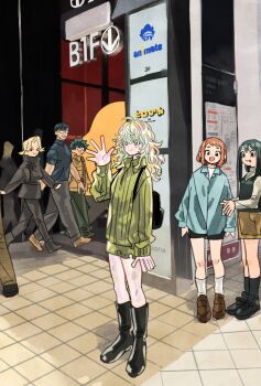 3boys 3girls aoyama_yuuga asui_tsuyu backpack bag black_background black_boots black_hair black_jacket black_pants black_shoes black_shorts black_socks blonde_hair blue_jacket boku_no_hero_academia boots brown_hair brown_jacket brown_shoes brown_shorts full_body glasses green_hair green_jacket hagakure_toru highres iida_tenya jacket midoriya_izuku multicolored_hair multiple_boys multiple_girls open_mouth own_hands_together pants parted_bangs shirt shoes short_bangs shorts smile socks takeuchi_ryousuke tile_floor tiles tongue tongue_out uraraka_ochako walking waving white_shirt white_socks