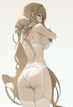 1girl absurdres akane_(blue_archive) ass blonde_hair blue_archive bra breasts brown_eyes dokshuri from_behind garter_belt glasses hand_in_own_hair hands_up highres holding holding_own_hair large_breasts long_hair looking_at_viewer looking_back panties simple_background solo thighhighs underwear underwear_only very_long_hair white_bra white_garter_belt white_panties white_thighhighs