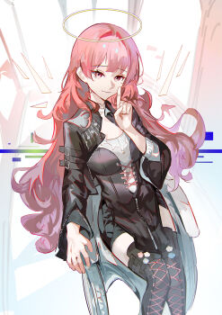 1girl arknights black_boots black_jacket boots closed_mouth commentary detached_wings finger_to_mouth gradient_hair halo hand_up highres jacket lace-up_boots lemuen_(arknights) light_smile long_hair long_sleeves looking_at_viewer multicolored_hair naoel_(naoel_art) open_clothes open_jacket pink_eyes pink_hair purple_hair shushing sitting solo thigh_boots traditional_halo white_halo wings zipper