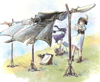 1boy 1girl boots brown_boots brown_hair brown_hat commentary_request field hat hat_feather octopath_traveler octopath_traveler_i on_grass open_mouth outdoors outstretched_arms qqqqqli smile standing therion_(octopath_traveler) tressa_(octopath_traveler) tressa_colzione unworn_clothes