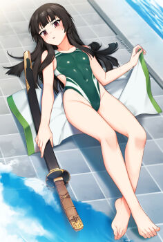 Rule 34 | 1girl, black hair, blunt bangs, breasts, brown eyes, competition swimsuit, covered navel, highleg, highleg one-piece swimsuit, highres, hime cut, juujou hiyori, long hair, looking at viewer, lying, medium breasts, on back, one-piece swimsuit, poolside, solo, swimsuit, sword, toji no miko, towel, tsuki tokage, two-tone one-piece swimsuit, water, weapon