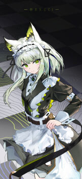 Rule 34 | 1girl, absurdres, animal ear fluff, animal ears, apron, arknights, bow, breasts, chinese commentary, commentary request, green eyes, green hair, hair bow, highres, holding, kal'tsit (arknights), kal'tsit (maid) (arknights), looking at viewer, maid, maid apron, maid headdress, mang ci, smile