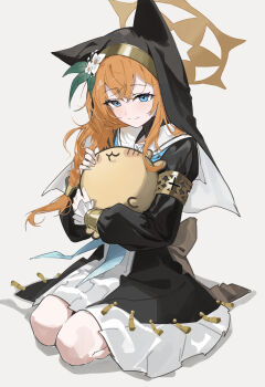 1girl absurdres animal animal_ear_headwear black_dress blue_archive blue_eyes blue_neckerchief blush braid chiikawa closed_mouth commentary_request dress eyelashes fake_animal_ears flower frilled_sleeves frills full_body hair_between_eyes halo hat hat_flower hat_ornament highres holding holding_animal leaf_hat_ornament long_hair long_sleeves looking_at_viewer mari_(blue_archive) neckerchief nun orange_hair puffy_long_sleeves puffy_sleeves sailor_collar school_uniform seiza serafuku siguma_(13238772100) simple_background single_braid sitting smile solo split_mouth tsurime two-tone_dress usagi_(chiikawa) white_background white_dress white_flower white_sailor_collar yellow_halo