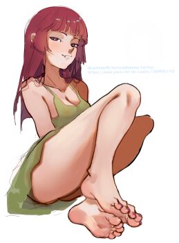 1girl absurdres barefoot blush bocchi_the_rock! breasts cleavage feet highres hiroi_kikuri long_hair looking_at_viewer meatcat red_eyes red_hair smile soles toes