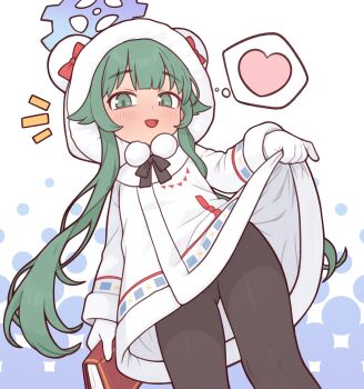 1girl :d black_pantyhose blue_archive blue_halo cameltoe casytay coat gloves green_eyes green_hair halo heart highres holding hood lifting_own_clothes loli long_hair looking_at_viewer momiji_(blue_archive) open_mouth pantyhose smile solo white_gloves