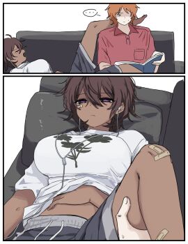... 1boy 1girl bandaid bandaid_on_knee bandaid_on_leg barefoot book breasts brown_hair closed_eyes couch dark-skinned_female dark_skin earbuds earphones expressionless genderswap genderswap_(ftm) genderswap_(mtf) grey_shorts hair_between_eyes half-closed_eyes hand_on_own_stomach heathcliff_(project_moon) highres ishmael_(project_moon) large_breasts limbus_company lying ngancurindunia on_back on_couch open_book orange_hair pillow project_moon purple_eyes reading red_shirt shirt short_hair shorts sitting spoken_ellipsis thighs tomboy white_shirt yawning