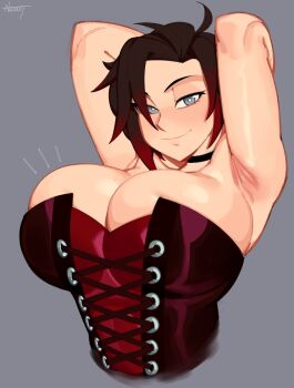1girl alternate_breast_size_(larger) armpits arms_up black_hair blue_eyes breasts cleavage corset highres huge_breasts nezulet ruby_rose rwby short_hair simple_background smile solo upper_body