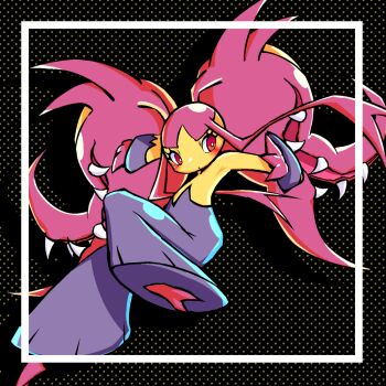 alternate_color black_background blush drop_shadow eyelashes full_body gen_3_pokemon mawile mega_mawile mega_pokemon nanami_marron nintendo no_humans official_alternate_color pokemon pokemon_(creature) red_eyes sharp_teeth shiny_pokemon solo teeth