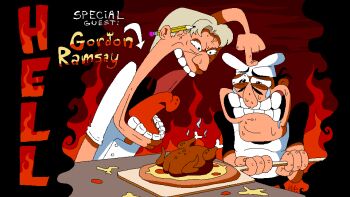 2boys anger_vein angry big_mouth black_hair black_pants black_shirt blonde_hair bloodshot_eyes character_name chef chef_hat commentary crossover crying crying_with_eyes_open english_commentary english_text facial_hair fewer_digits fire food gordon_ramsay half-closed_eyes hat hell hell's_kitchen highres holding ketrindarkdragon long_nose looking_at_another male_focus mcpig_(style) multiple_boys mustache nervous_sweating open_mouth pants peel_(tool) pencil pencil_behind_ear pepperoni peppino_spaghetti pizza pizza_tower pointing pointing_at_another shirt short_hair short_sleeves shouting sweat tears teeth tongue turkey_(food) uvula white_headwear white_shirt