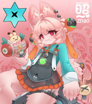 1girl absurdres animal_ear_fluff animal_ears braid commentary_request furry furry_female highres lalamedli long_hair looking_at_viewer pink_background pink_fur pink_hair rabbit_ears rabbit_girl red_eyes skirt solo twin_braids zenless_zone_zero zhao_(zenless_zone_zero)