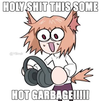 1girl :3 animal_ear_fluff animal_ears animated audible_music blood blood_from_ears brown_hair cat_ears cat_girl cat_tail closed_eyes commentary dj_smokey english_commentary english_text headphones headset holding holding_headphones image_macro_(meme) impact_(font) long_sleeves melty_blood meme neco-arc neco_spirit open_mouth short_hair simple_background skirt smile solo sound standing surprised sweatdrop tagme tail tsukihime twitter_username video white_background yblndr