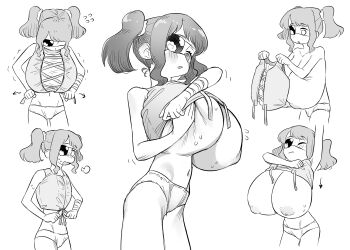 1girl absurdres breasts eyepatch frogsnake highres huge_breasts inverted_nipples oppai_loli panties puffy_nipples sweat tight_clothes topless_female twintails underwear vest