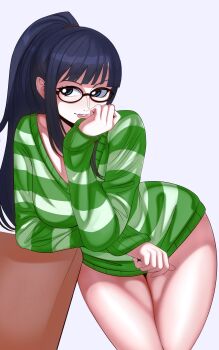 1girl absurdres black_hair blue_eyes blunt_bangs commentary coolb_art cowboy_shot dress eyelashes head_rest highres looking_to_the_side nico_robin one_piece one_piece:_strong_world pink_lips ponytail sidelocks smile solo striped_clothes striped_dress sweater sweater_dress thighs white_background
