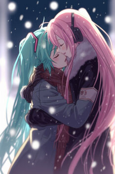 2girls aqua_hair artist_request blush closed_eyes earmuffs fur_trim hatsune_miku highres hug jacket long_hair megurine_luka multiple_girls pink_hair scarf snow twintails vocaloid yuri