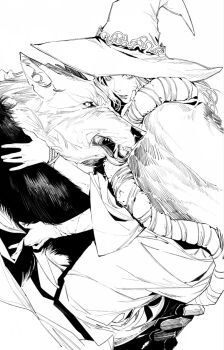 1boy 1girl blaidd_the_half-wolf cape chinese_commentary commentary_request cracked_skin dress elden_ring extra_arms fangs fur_cape furry greyscale hat hat_ornament long_hair long_sleeves looking_at_viewer megasus monochrome parted_lips petting ranni_the_witch whiskers white_background wide_sleeves witch_hat wolf_boy