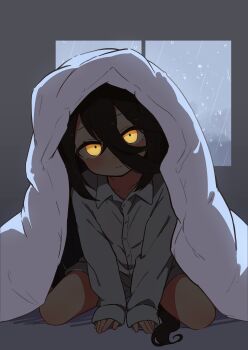 1girl alternate_size closed_mouth collared_shirt hair_between_eyes hand_between_thighs highres horse_girl horse_tail long_hair_between_eyes looking_at_viewer manhattan_cafe_(umamusume) no_pants rain rotasu_(rotasqqfv) shirt sitting sleeves_past_wrists solo tail umamusume under_covers wariza white_shirt window yellow_eyes