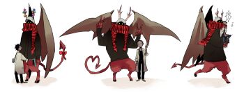 Rule 34 | 1boy, 1girl, ^ ^, antlers, bat wings, black hair, bow, closed eyes, couple, dark skin, demon tail, dorohedoro, double v, glowing, glowing eyes, happy, haru (dorohedoro), heart, heart tail, height difference, hidden face, highres, hooves, horn bow, horn ornament, horns, husband and wife, kasukabe (dorohedoro), lab coat, open mouth, scarf, shared clothes, shared scarf, simple background, smile, tail, tail bow, tail ornament, trembling, v, white background, wings