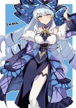 Rule 34 | 1girl, arm up, bangle, bare shoulders, blue dress, blue hair, border, bracelet, breasts, closed mouth, detached sleeves, doyagao, dress, duel masters, duel masters play's, frilled dress, frilled hat, frills, fur-trimmed sleeves, fur trim, gold bangle, hand on headwear, hat, highres, jewelry, koshian (taiyaki), large breasts, large hat, long hair, multicolored dress, outside border, purple dress, ringlets, shakogairu (duel masters play's), smug, solo, thighhighs, translation request, white border, white dress, white thighhighs, yellow eyes