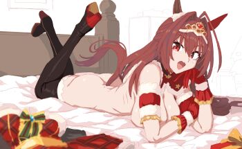 1girl animal_ears ass boots breasts brown_hair daiwa_scarlet_(scarlet_nuit_etoile)_(umamusume) daiwa_scarlet_(umamusume) ear_covers formicid gloves highres horse_ears horse_girl long_hair no_bra no_panties on_bed red_eyes red_gloves solo thigh_boots tiara umamusume unfinished unworn_clothes