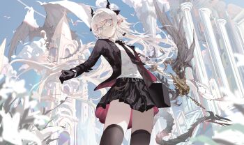 1girl absurdres black_gloves black_jacket black_necktie black_skirt black_thighhighs blurry blurry_foreground braid column dragon dragon_horns floating_hair gloves highres horns jacket lichtgestalt long_hair looking_at_viewer miniskirt necktie open_clothes open_jacket original outdoors pillar pleated_skirt pointy_ears shirt side_braid skirt solo thighhighs tower white_hair white_shirt zettai_ryouiki