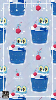 Rule 34 | animal focus, blue ribbon, character name, cherry, closed mouth, colored sclera, cup, food, froakie, frog, fruit, gen 6 pokemon, highres, meme (sleepsheep), nintendo, no humans, pokemon, pokemon (creature), pokemon focus, ribbon, smile, sparkle, whipped cream, yellow sclera