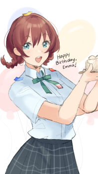 Rule 34 | 1girl, :d, absurdres, balloon, black skirt, blue eyes, blue shirt, braid, breast pocket, brown hair, cake, character name, collared shirt, commentary, confetti, cowboy shot, emma verde, food, freckles, green ribbon, happy birthday, hashtag-only commentary, highres, hito (maruhito), holding, holding cake, holding food, long hair, looking at viewer, love live!, love live! nijigasaki high school idol club, low twin braids, neck ribbon, nijigasaki school uniform, open mouth, plaid clothes, plaid skirt, pleated skirt, pocket, ribbon, school uniform, shirt, short sleeves, skirt, smile, solo, summer uniform, teeth, twin braids, upper teeth only, white background