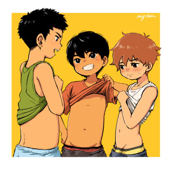 3boys absurdres artist_name black_hair blush border clothes_lift grin highres lifting_own_clothes male_focus mog300n multiple_boys navel nipples original shirt short_hair short_sleeves shota smile stomach tank_top teeth upper_body white_border yellow_background